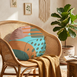 Modern Abstract Blue & Brown Earth Tone Geometric Round Pillow