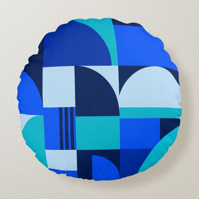 Modern Abstract Blue Geometric Shapes Pattern Round Pillow (Front)