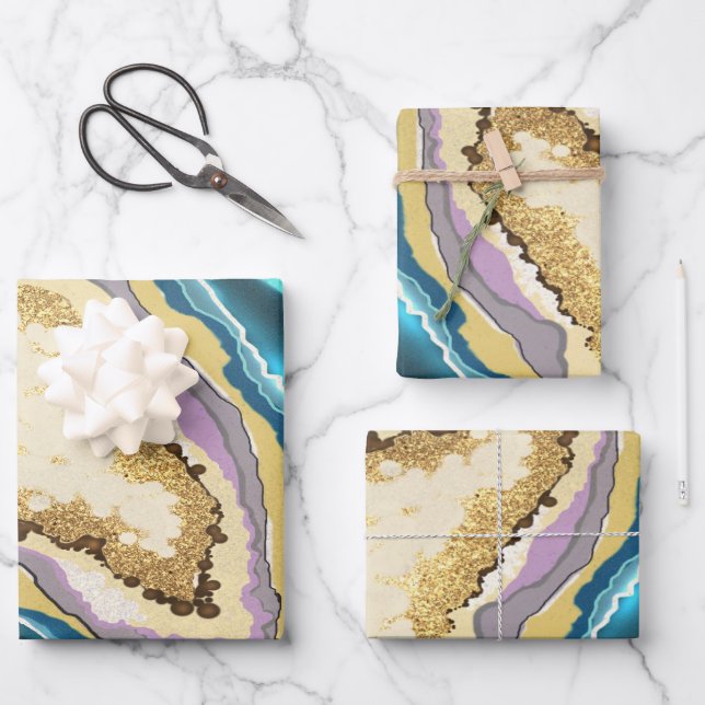 Modern Abstract Blue Gold Agate Geode Gemstone Wrapping Paper Sheet (Front)