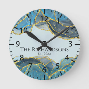 Modern Abstract Blue Gold Agate Stone Geode Ink Round Clock