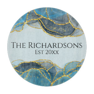 Modern Abstract Blue Gold Agate Stone Ink Name Cutting Board