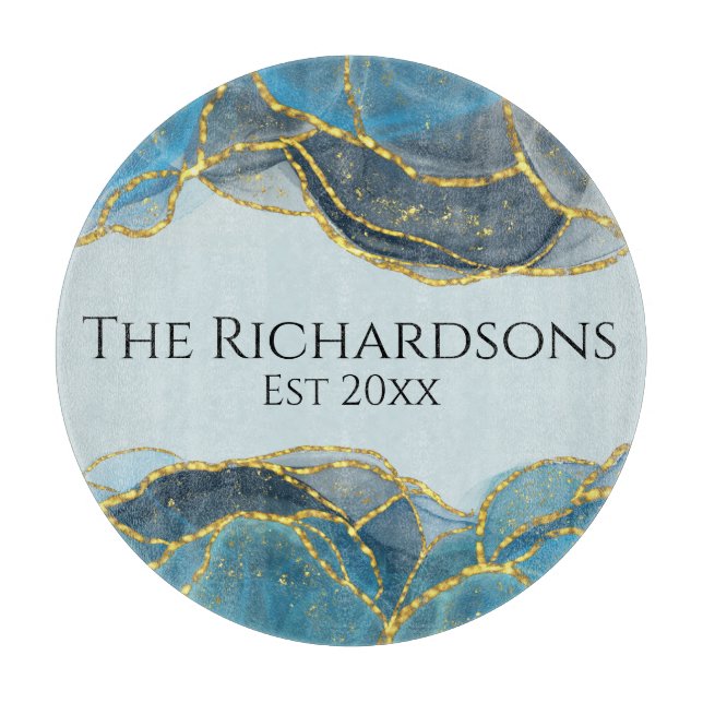 Modern Abstract Blue Gold Agate Stone Ink Name Cutting Board (Front)