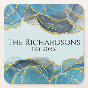 Modern Abstract Blue Gold Agate Stone Texture Square Paper Coaster