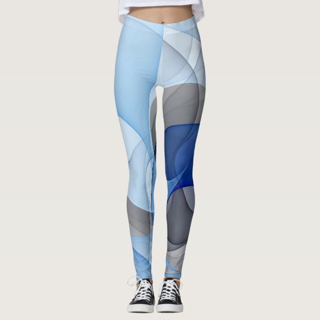 Modern Abstract Blue Grey Fractal Art Graphic Leggings (Front)