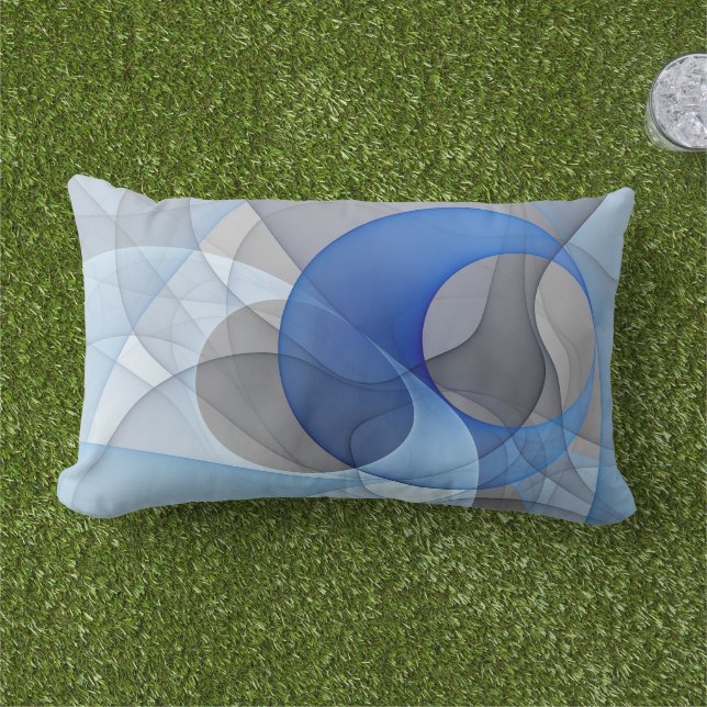 Modern Abstract Blue Grey Fractal Art Graphic Lumbar Pillow (Grass)
