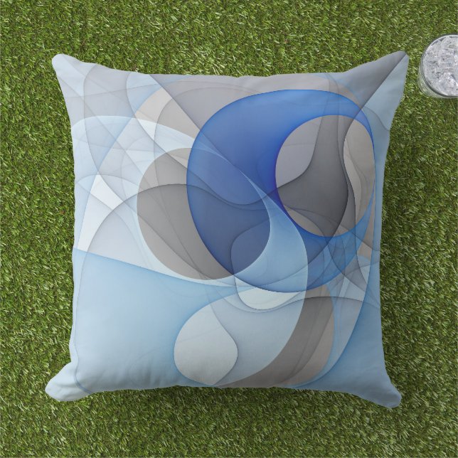 Modern Abstract Blue Grey Fractal Art Graphic Outdoor Pillow (Grass)