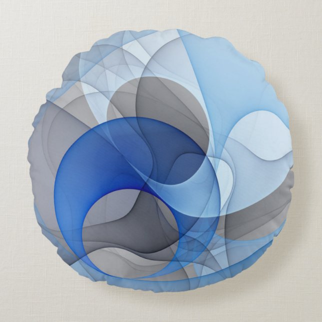 Modern Abstract Blue Grey Fractal Art Graphic Round Pillow (Front)