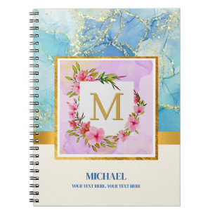 Modern Abstract Blue Liquid Gold Foil Monogram  Notebook