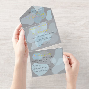 Modern Abstract Blue Minimalist Artistic Wedding  All In One Invitation