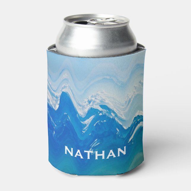 Modern Abstract Blue Ocean Art Personalised Can Cooler (Can Front)