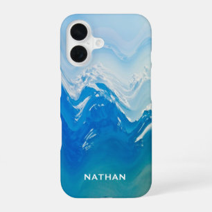 Modern Abstract Blue Ocean Art Personalised iPhone 16 Case