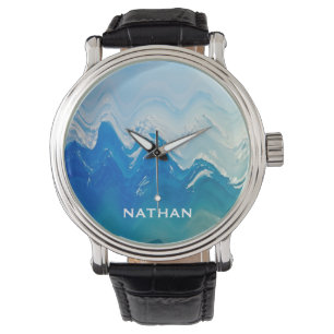 Modern Abstract Blue Ocean Art Personalised Watch