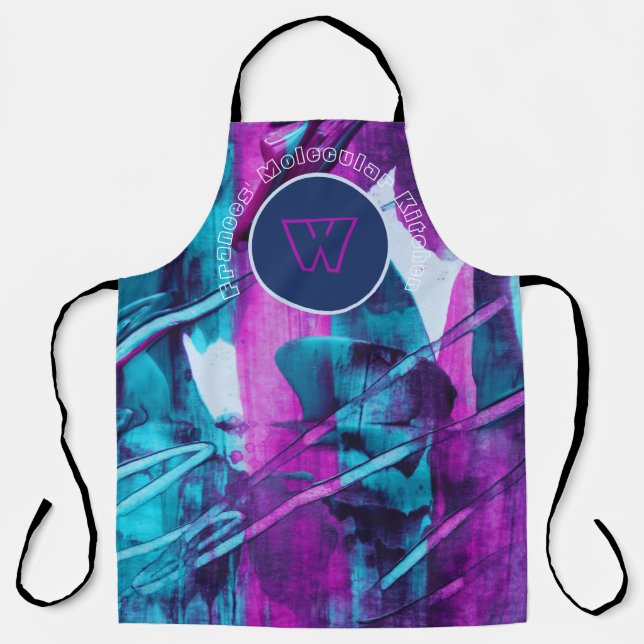 Modern Abstract Blue Pink Brush Strokes Monogram Apron (Front)