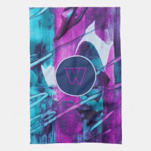 Modern Abstract Blue Pink Brush Strokes Monogram Kitchen Towel