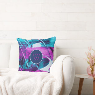 Modern Abstract Blue Pink Brush Strokes Monogram Throw Pillow