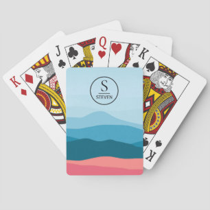 Modern Abstract Blue Pink Mountains Monogram Playing Cards