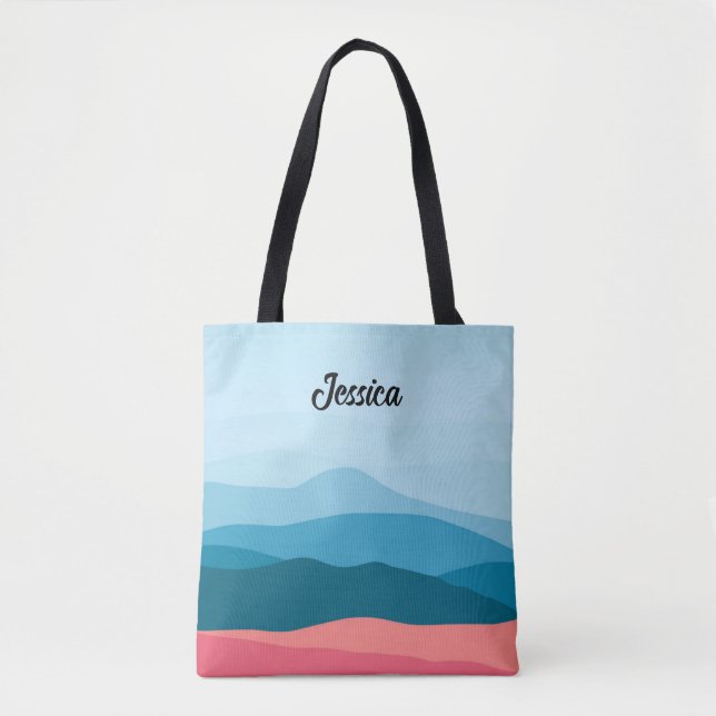 Modern Abstract Blue Pink Mountains Personalised Tote Bag (Front)