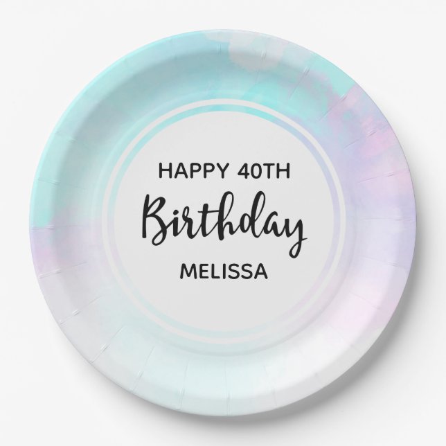 Modern Abstract Blue & Purple Watercolor Birthday Paper Plate (Front)
