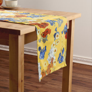 Modern Abstract Blue Red Flowers Mustard Yellow Short Table Runner