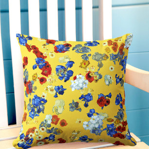 Modern Abstract Blue Red Flowers Mustard Yellow Throw Pillow