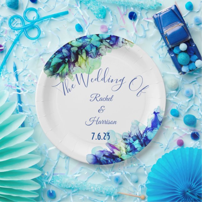 Modern Abstract Blue Teal  & Turquoise Wedding    Paper Plate (Party)
