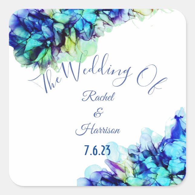 Modern Abstract Blue Teal  & Turquoise Wedding   Square Sticker (Front)