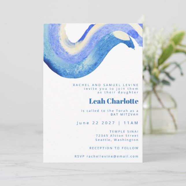 Modern Abstract Blue Watercolor Bat Bar Mitzvah Invitation (Standing Front)