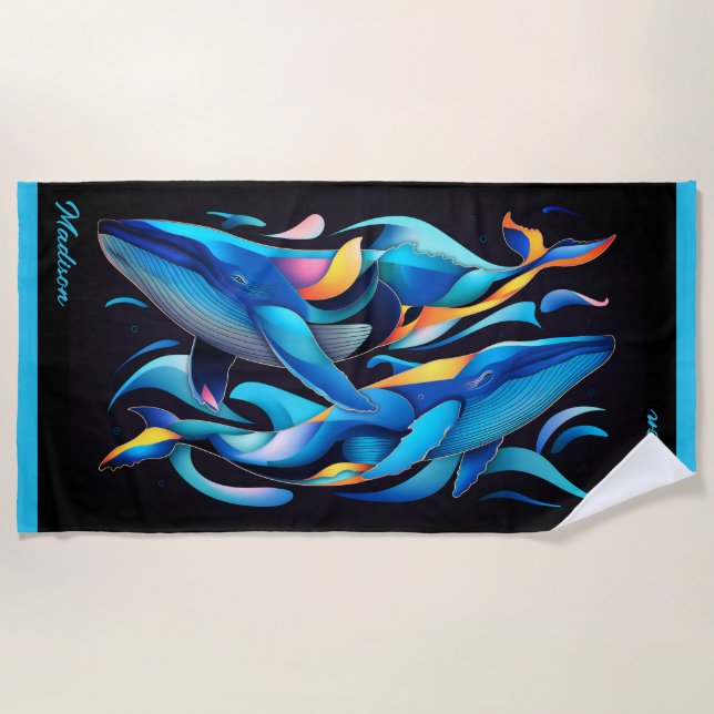 Modern Abstract Blue Whales Customizable Beach Towel (Front)