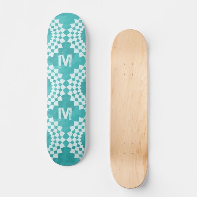 Modern Abstract Blue White Monogram Skateboard (Front)