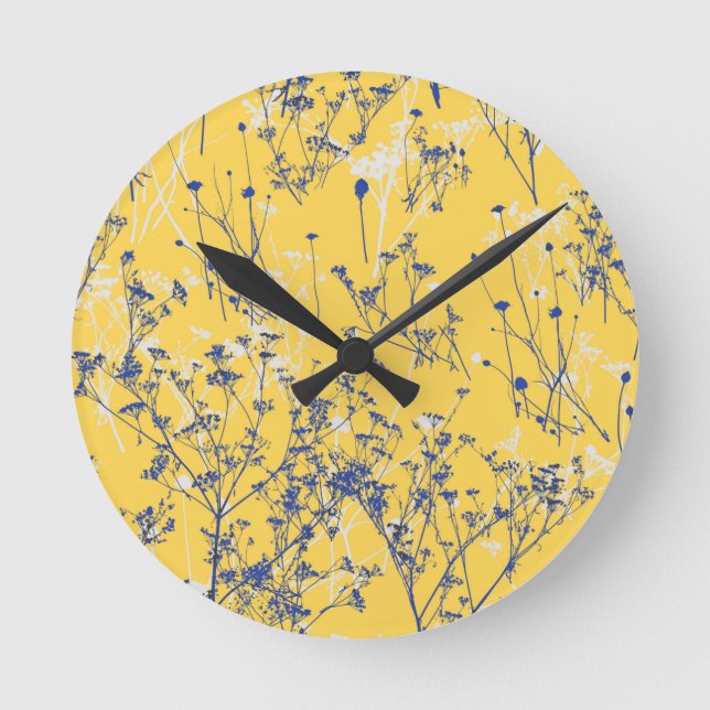 Modern Abstract Blue Wildflowers on Mustard Yellow Round Clock (Front)
