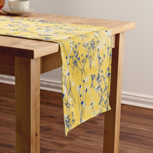 Modern Abstract Blue Wildflowers on Mustard Yellow Short Table Runner (In Situ)