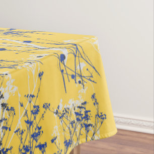 Modern Abstract Blue Wildflowers on Mustard Yellow Tablecloth