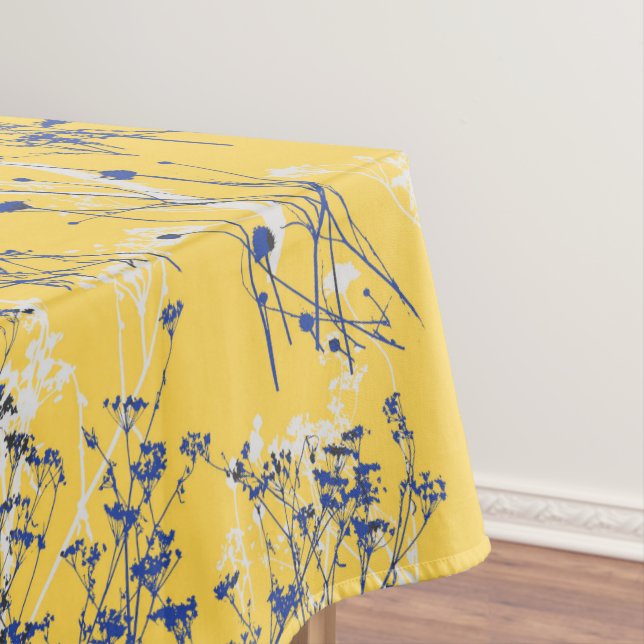 Modern Abstract Blue Wildflowers on Mustard Yellow Tablecloth (In Situ)