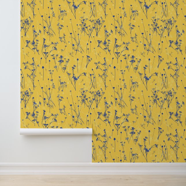 Modern Abstract Blue Yellow Wildflowers Wallpaper (Application)