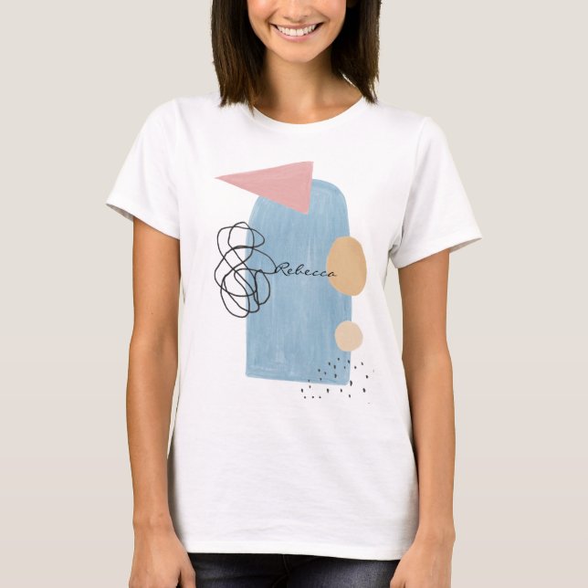 Modern Abstract Blush Pink Blue Shapes Monogram  T-Shirt (Front)