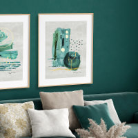 Modern Abstract Boho Style Green n Gold Watercolor