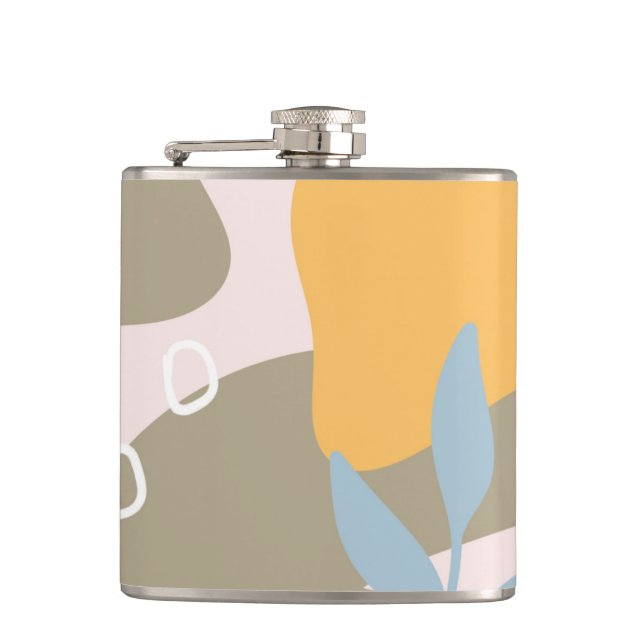 Modern Abstract Botanical Art in Orange and Brown Hip Flask (Front)
