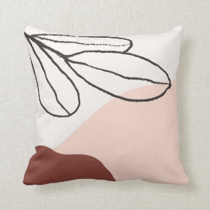 Modern Abstract Botanical Blush Brown Cream Black Throw Pillow