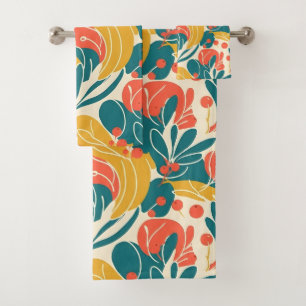 Modern Abstract Botanical Retro Leaf Art Bath Towel Set