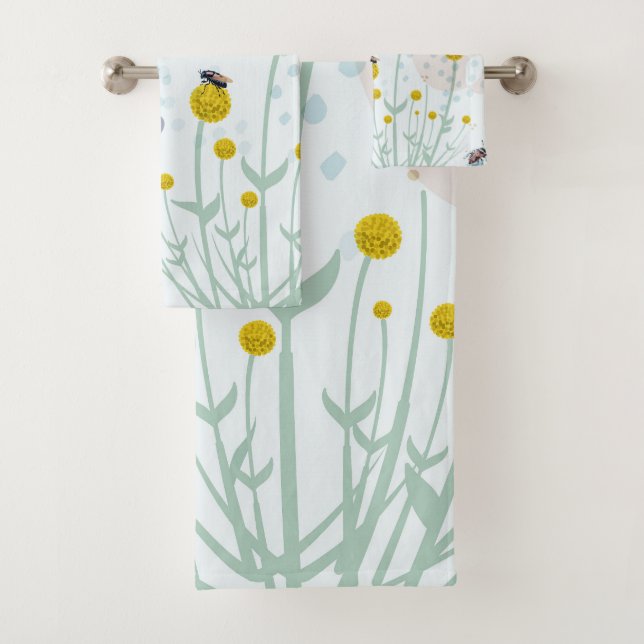 Modern Abstract Botanical Yellow Billy Button  Bath Towel Set (Insitu)
