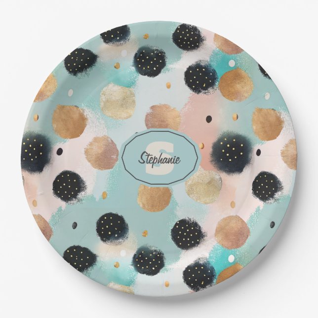 Modern Abstract Brushstroke & Polka Dot Pattern Paper Plate (Front)