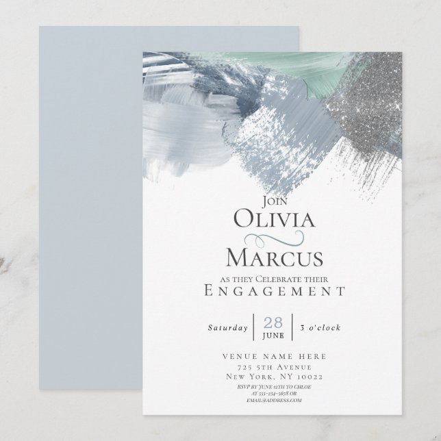 Modern Abstract Brushstrokes Dusty Blue Sage Green Invitation (Front/Back)
