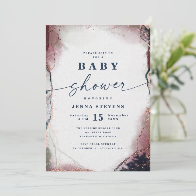 Modern Abstract Burgundy & Navy Baby Shower Invitation (Standing Front)