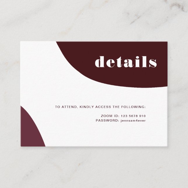 Modern Abstract Burgundy Virtual Wedding Details Enclosure Card (Front)