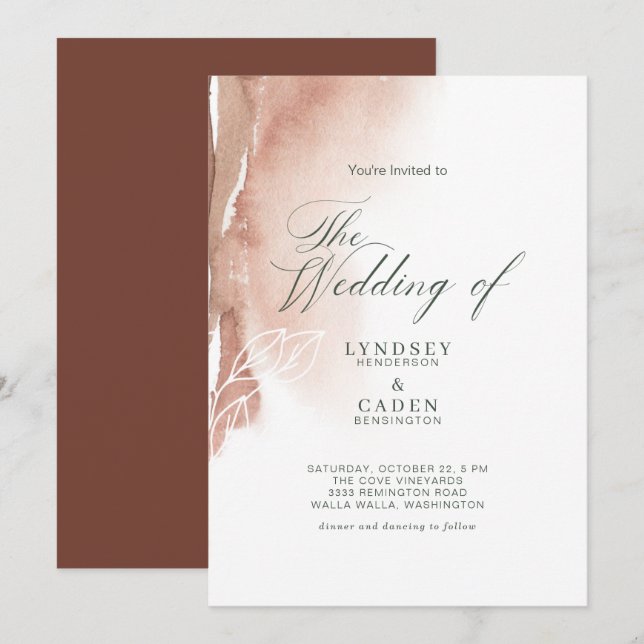 Modern Abstract Burnt Orange Forest Green Wedding Invitation (Front/Back)