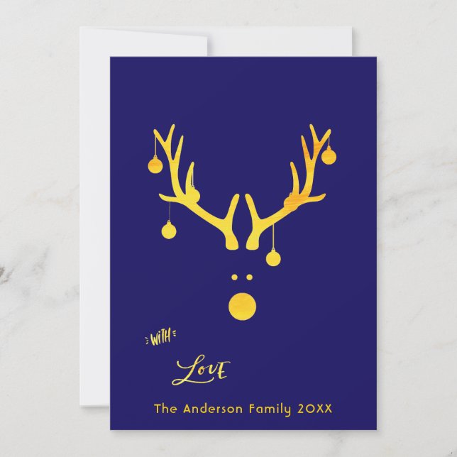 Modern abstract Christmas card reindeer gold blue (Front)