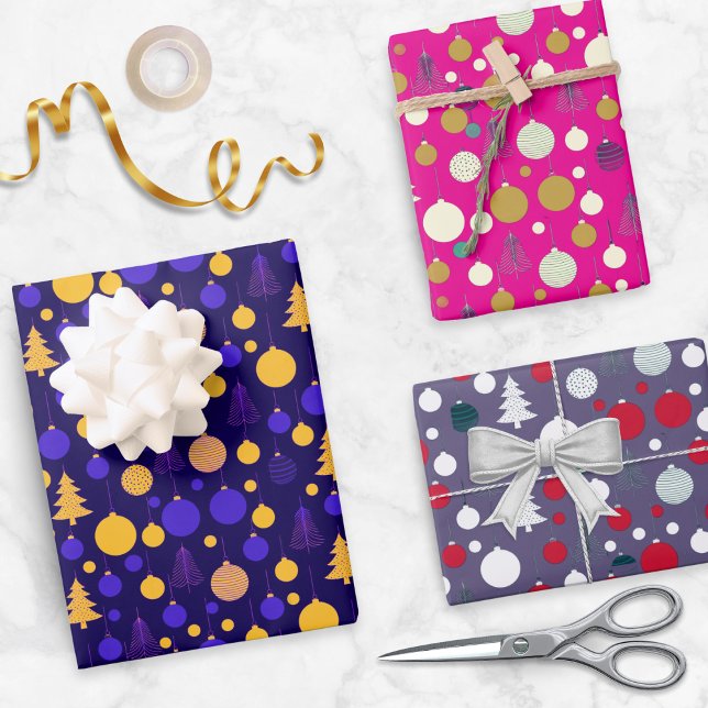 Modern Abstract Christmas Holiday Set of 3 Wrapping Paper Sheet (A set of 3 sheets of Christmas gift wrapping paper, with bright colors and modern design)