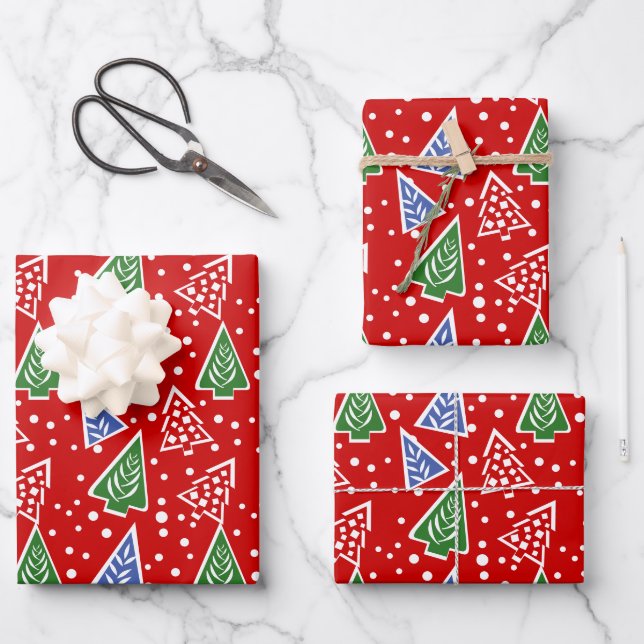 Modern abstract Christmas trees red holiday Wrapping Paper Sheet (Front)