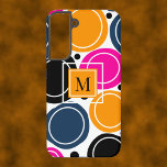 Modern Abstract Circles Monogram Pink Teal Samsung Galaxy Case<br><div class="desc">A bright and bold design of  abstract circles in shades of pink,  teal and orange. A centred monogram on an orange square is available to customize the design. Stylish and eye catching.</div>