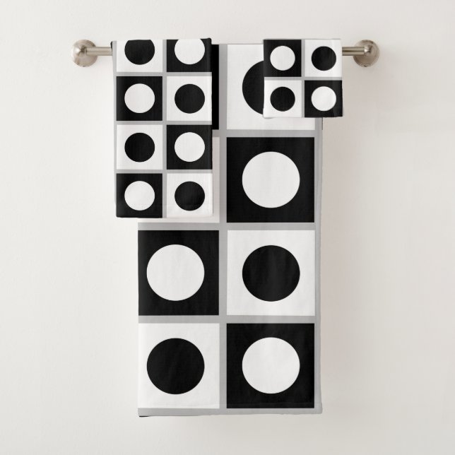Modern Abstract Circles & Squares in Black & White Bath Towel Set (Insitu)